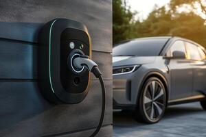 electric vehicle is plugged in and charging at a home charging station photo