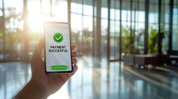 hand holding a smartphone displaying a message confirming a successful payment photo