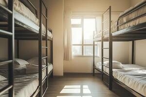 row of bunk beds in a room with a window that allows sunlight photo