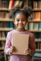 young girl stands in front of a bookshelf smiling as she holds a book in her hands photo