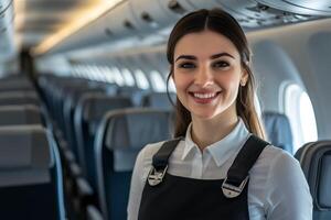 flight attendant is standing in the aisle of an airplane smiling warmly at the passengers photo
