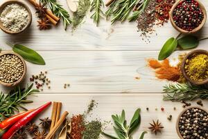 overhead view of assorted culinary spices and herbs arranged on a white wood surface photo