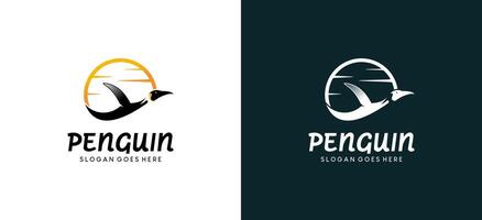 Flying penguin logo design template with sky background vector