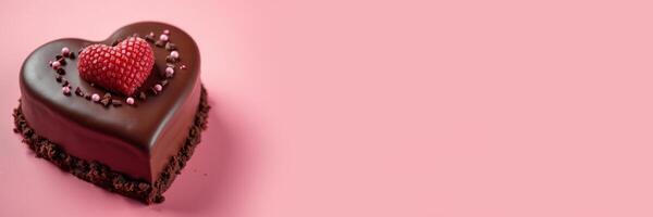 Heart-shaped chocolate mousse cake for Valentine's Day on a pink monotone background. Banner with copy space. photo