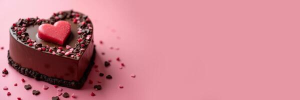 Heart-shaped chocolate mousse cake for Valentine's Day on a pink monotone background. Banner with copy space. photo