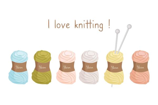 Knitting kit. Set of six multicolored skeins of yarn, spokes. Handmade and hobby concept.