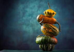 Various decorative pumpkin on green background photo