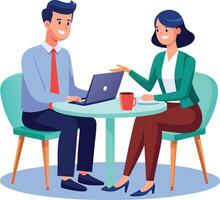 Partners meeting for business discussion with documents and laptop on desk. Couple at round table, speaking, discussing work, partnership. vector