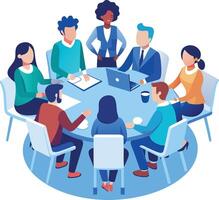 Partners meeting for business discussion with documents and laptop on desk. Couple at round table, speaking, discussing work, partnership. Flat on a white background vector