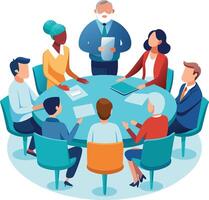 Partners meeting for business discussion with documents and laptop on desk. Couple at round table, speaking, discussing work, partnership. Flat illustration isolated on white background vector