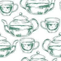 seamless pattern of a teapot with a cup of tea. illustration in sketch style vector