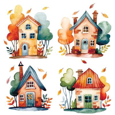 set of cute autumn houses. watercolor illustration with houses, autumn leaves and trees