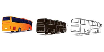 Set of Bus behind, back view, line art and silhouette vector