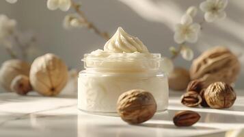 luxurious shea butter cream displayed in a glass jar surrounded by natural shea nuts on a clean white backdrop. photo