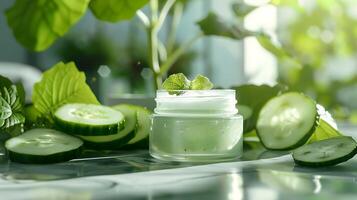 fresh cucumber body lotion displayed with cucumber slices and leaves on a wooden table photo
