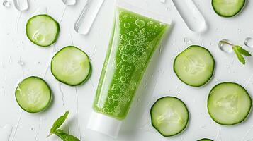 fresh cucumber slices on a white background next to a tube of cucumber face mask. photo