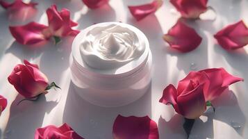 luxurious rose face cream in a stylish container, surrounded by delicate rose petals on a pristine white surface photo