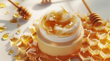 luxurious honey face cream in a sleek container set against a crisp, white backdrop adorned with delicate honeycomb pattern. photo