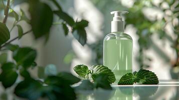 fresh peppermint body lotion set on a wooden table surrounded by fragrant peppermint leaves photo