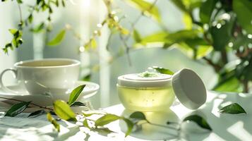 fresh green tea moisturizer with natural ingredients, accompanied by a cup of tea and green tea leaves on a table photo