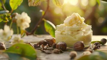 luxurious shea butter container surrounded by shea nuts and leaves on a stylish wooden background photo