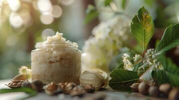a jar of luxurious shea butter body scrub surrounded by natural shea nuts and leaves on a rustic wooden table photo