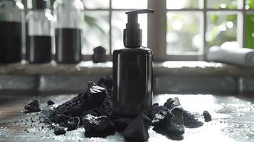 a jar of charcoal face wash surrounded by activated charcoal chunks on a wooden surface photo