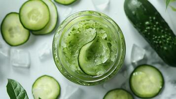 fresh cucumber face scrub in a glass jar, surrounded by slices of cucumber on a plain white background. photo