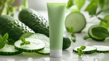 luxurious cucumber face cream with refreshing cucumber slices on a pristine white backdrop photo