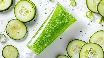 fresh cucumber face scrub tube set on a clean white background with cucumber slices from garden. photo
