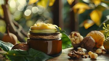 luxurious shea butter facial moisturizer in a glass jar surrounded by natural shea nuts and leaves on a wooden table. photo