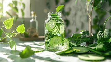 fresh cucumber facial toner in a glass jar displayed on a wooden table with slices of cucumber and green leaves. photo