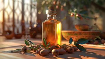 luxurious argan oil bottle showcased with argan nuts and leaves on a stylish table setting. photo