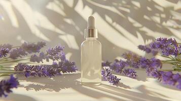 luxurious lavender face oil bottle with fresh lavender on white background photo