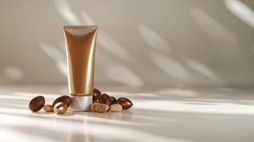 luxurious argan oil face cream with argan nuts on a clean white background for skincare routine. photo