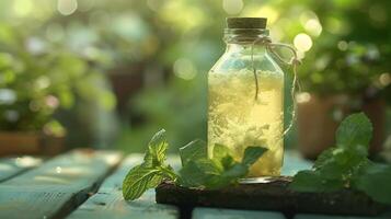 natural peppermint body scrub bottle with fresh leaves resting on table top photo