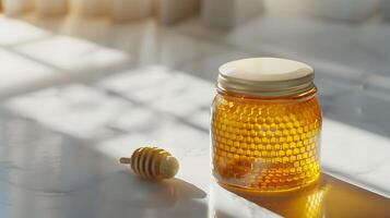 natural honey face mask in a glass jar on a clean white surface with a honeycomb aside photo