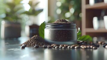 a luxurious jar of coffee face cream displayed on a wooden table surrounded by aromatic coffee beans and grounds photo