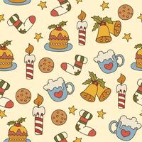 Hand drawn Christmas pattern with bells, candle, cookies and decorative elements. Winter holiday pattern perfect for wrapping paper, print, cards, fabric, textile vector