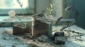 natural clay mask with herbs and mud chunks in a glass jar on a wooden table photo
