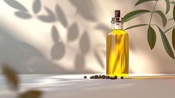 natural organic jojoba face oil bottle with jojoba seeds on white background for skincare routine photo