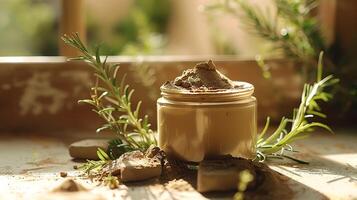natural clay facial toner with herbs and clay chunks in a jar on a rustic table. photo
