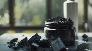 activated charcoal face wash container with charcoal pieces on a wooden table photo