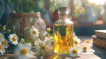 natural chamomile body oil resting on a wooden table surrounded by fragrant chamomile flowers photo
