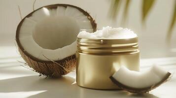 organic coconut oil in a container with fresh coconut on white background for natural skincare and cooking purposes photo