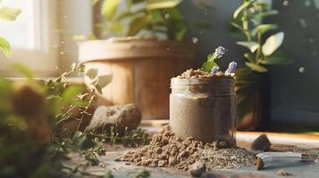organic clay body scrub in a jar surrounded by natural clay chunks and aromatic herbs on a rustic table photo