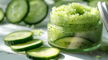 organic cucumber face scrub in a clear jar with cucumber slices on a white backdrop photo