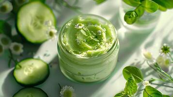 organic cucumber body butter in a jar with fresh cucumber slices and leaves on a wooden table photo