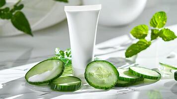 organic cucumber face mask tube with refreshing cucumber slices on a clean white background photo