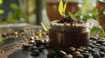 organic coffee body scrub container displayed on a rustic table with aromatic coffee beans and grounds photo